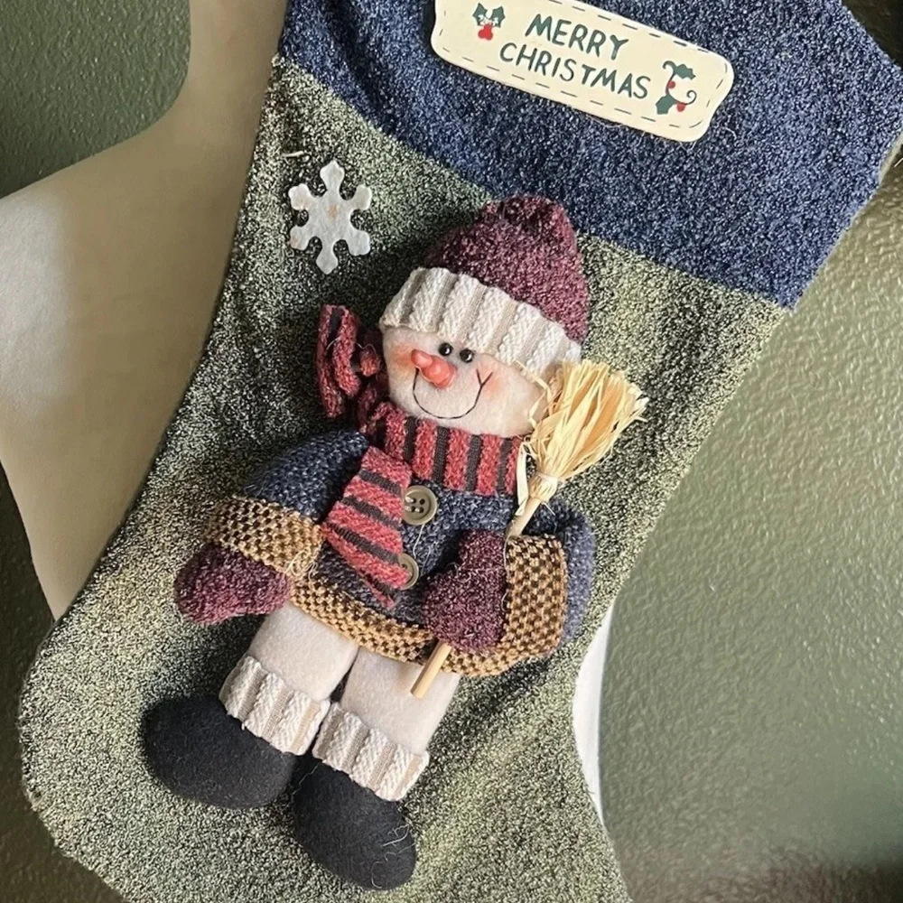 3D Plush Snowman Christmas Stocking Blue/green 17”x10” Holiday Decor Winter